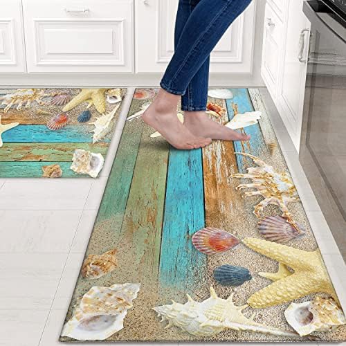 Beach and Nautical Kitchen Rugs for Floor 2 Piece Set, Wood Grain Ocean Coastal Beach Kitchen Rug, Nautical Kitchen Mat in Front of Sink for Standing for Kitchen Decor 17"X30"+17"X47"