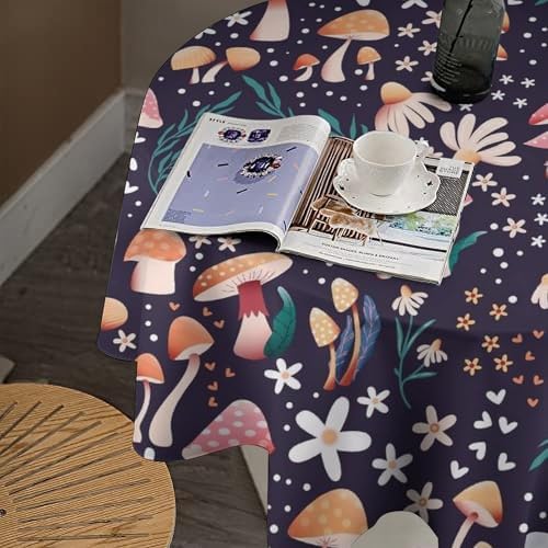 Retro Mushroom Tablecloth, Cartoon Forest Mushroom Florals Leaves Woodland Garden Table Cloth for Kitchen Dining Coffee Table Outdoor Party Decor, 60x60in