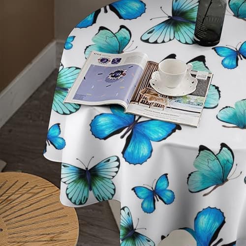 Blue Butterfly Tablecloth, Cute Animal Green Teal Butterfly Fantasy Wings Print Table Cover for Home Kitchen Outdoor Party Picnic Wedding Decor, 70x70in