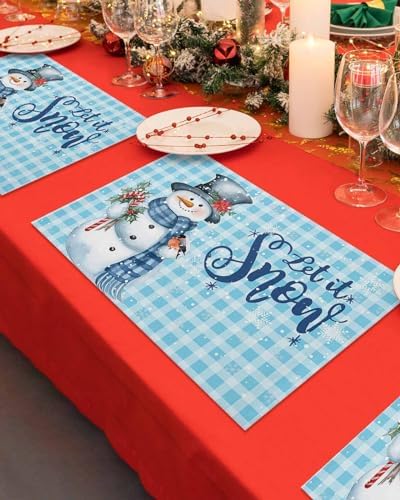 Snowman Christmas Placemat 1PC, Let It Snow Winter Holiday Heat Resistant Washable Table Place Mats Blue White Buffalo Plaid Cotton Table Linens Party Holiday Decor for Kitchen Dining Outdoor Indoor