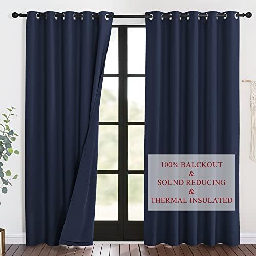 NICETOWN Sound Blocking Black Out Curtains for Patio Door, Heavy-Duty Space Divider Curtains for Living Room, Lined Insert Noise, Blackout, Thermal Insulation Drapes for Closet (Navy, 84-inch Long)