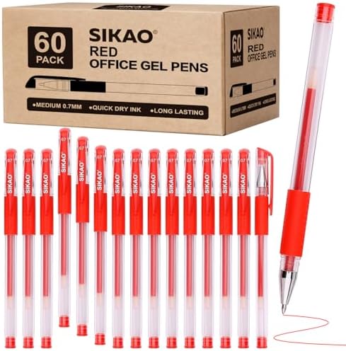 Red Gel Pens Bulk, 60 Pack 0.7mm Fine Point Gel Ink Rollerball Pens, Smooth Quick-Dry Red Ink No Smear, Comfortable Grip Pens for Grading, Editing, School, Office & Note Highlighting