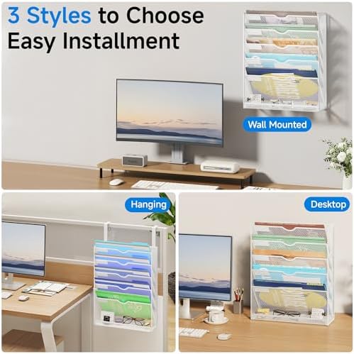 Lavatino 6-Tier Hanging File Organizer with Hooks – No Installation Needed, Wall-Mounted File & Magazine Organizer for Office and Home (White)