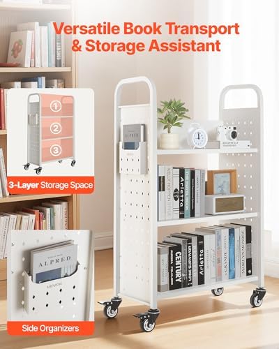 VEVOR Rolling Library Book Cart, 330 lbs Capacity, 30.3 x 15 x 48.0-Inch Library Cart, Single Sided L-Shaped Shelves with 3-Inch Lockable Wheels, Book Truck for Home Shelves Office and School, White