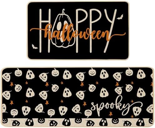 Baccessor Happy Halloween Kitchen Mats Set of 2, Spooky Pumpkins Bats Black Kitchen Rugs for Floor Low-Profile Farmhouse Fall Halloween Party Home Decor 17x29 and 17x47 Inch