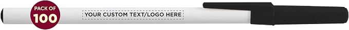 DISCOUNT PROMOS Custom Value Stick Pens Set of 100, Personalized Bulk Pack - Black Ink, Great for Office, School, Business, Tradeshows, Events - Black