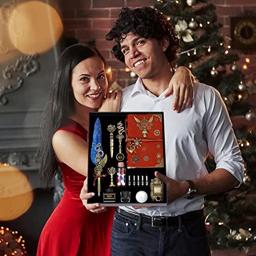 Aifeiter Quill Pen Ink Set Leather notebook With Quill Pen,Notebook,5 Replaceable Nibs,Seal Stamp,Spoon,Wax Beads,White Wax,Ink,Pen Holder,Cup,Envelope,Letter Paper,Envelope Tool(blue)