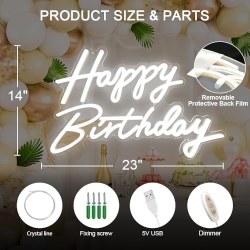 Happy Birthday Neon Sign for All Partys, Large Size-23 x 14inch, Led Neon Signs With Dimmable Switch for Wall Decor, Photo Backdrop (Power by USB)-by Colysor
