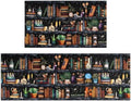Witches Bookshelf Halloween Kitchen Rugs and Mats Set of 2, (17"x47"+17"x30") Gothic Cute Spooky Season Skulls Black Cat Potions Non Skid Washable Runner Rug for Home Decor Decorations and Accessories
