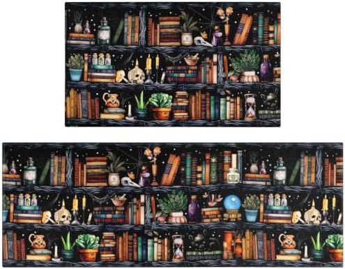 Witches Bookshelf Halloween Kitchen Rugs and Mats Set of 2, (17"x47"+17"x30") Gothic Cute Spooky Season Skulls Black Cat Potions Non Skid Washable Runner Rug for Home Decor Decorations and Accessories