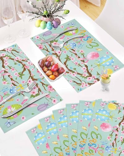 Happy Easter Placemats Set of 6, Spring Floral Bunny Rabbit Ear Eggs Heat Resistant Dining Table Mats Holiday Farmhouse Decor for Kitchen&Linens Outdoor Indoor, Pink Flower Branch Green Leaves