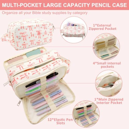 Bible Study Supplies, 50 Pack Bible Journaling Kit for Women with Tabs, Highlighter Set,Notebook, Pen Case and Storage Bag,No Bleed Annotation Kit for Christian Gifts (50PCS, Pink Bow)
