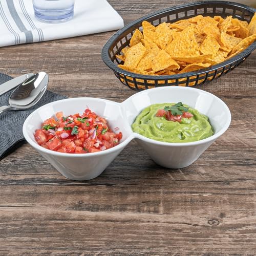 Restaurantware-9.1 x 4.9 x 2.3 Inch Double Dip Bowls, 1 Microwavable Condiment Server - 2 Compartments, Microwavable, White Porcelain Dip Tray, Dishwashable, For Snacks, Condiments, Or Toppings