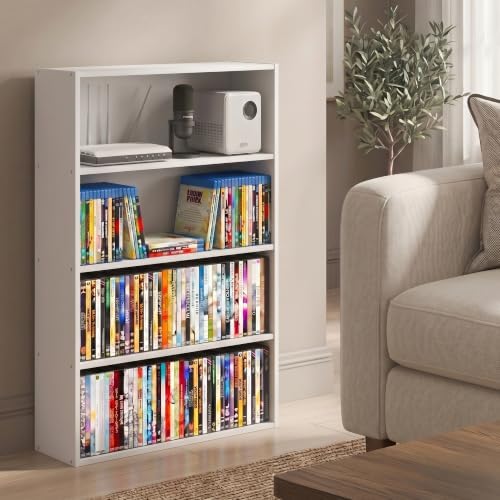 Furinno Basic DVD Shelf, 4-Tier CD Rack, Media Shelf, White | 6 x 24 x 35, Open Shelf for DVD Blueray Game Disc, Storage Cabinets, for Living Room, Bedroom, Home Office