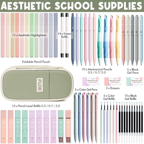65PCS Aesthetic School Supplies Back to School Supplies Cute Stationary Set | College Essentials Kit with Pencil Case, Pastel Highlighters Gel Pens Mechanical Pencil Set 0.5 0.7 & 2.0mm for Student Girls
