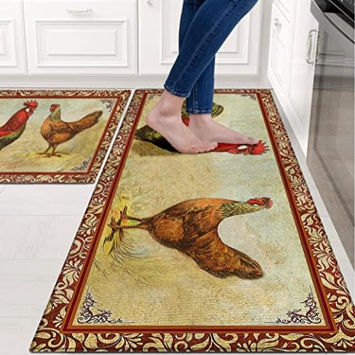 Chicken and Rooster Kitchen Rugs for Floor 2 Piece Sets, Farmhouse Decor for Rooster Kitchen Rug, Chicken Mats for Kitchen in Front of Sink for Standing for Country Kitchen Decor 17"X30"+17"X47"