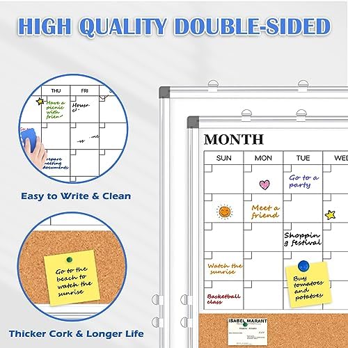 Dry Erase Calendar Whiteboard for Wall, 36" x 24" Monthly Cork White Board