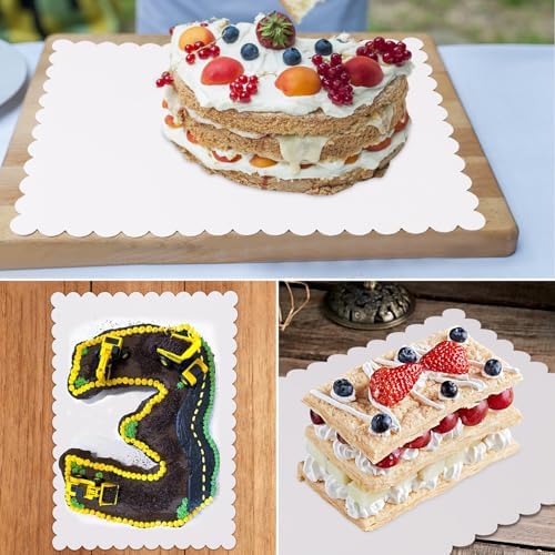 50 Pcs White Cake Boards, 14 x 10 Inch Rectangular Cardboard Cake Base, Scalloped Edges, Disposable Paper Cake Board for Elegant Dessert Presentation & Versatile Use