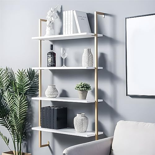 Contemporary Wall Unit Bookcase Metal Frame Pine Wood Shelf Bookshelf Wall-Mounted Bookshelf Wrought Iron Bag Rack Multi-Layer Clothing Store Decoration White Gold 23.6" L x 9.8" W x 55.1" H