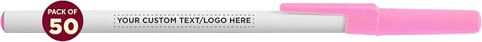 DISCOUNT PROMOS Custom Value Stick Pens Set of 50, Personalized Bulk Pack - Black Ink, Great for Office, School, Business, Tradeshows, Events - Pink