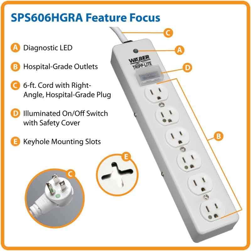 TRIPP LITE Hospital-Grade Surge Protector Medical Power Strip, 6 Outlets, Right-Angle NEMA 5-15PHG Plug, 6 Foot / 1.8M Cord, 1050 Joule Protection, (SPS606HGRA)