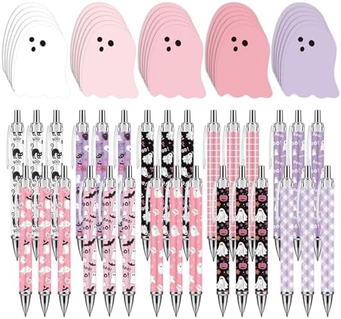 JarThenaAMCS 60Pcs Halloween Stationery Set White Pink Purple Ghost Sticky Note Pads with Boo Ghost Ballpoint Writing Pens for Office Classroom Party Favors Supplies