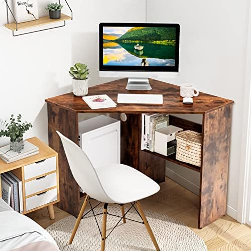 COSTWAY Corner Computer Desk, Space-Saving Triangular Writing Desk w/ 2 Storage Shelves & 2 Cable Holes, Multi-Functional Console Table for Small Space in Home Office, Living Room, Bedroom (Coffee)