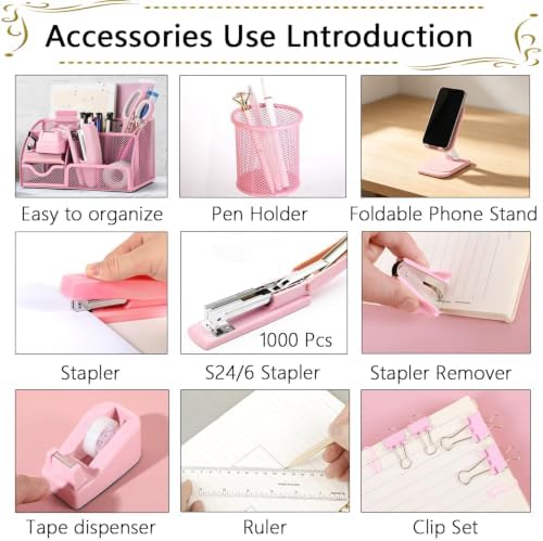 Office Supplies,Desk Accessories,Stapler and Tape Dispenser Set,1000 Staples,Staple Remover,Pen Holder,Folding Phone Holder,Journal Notebook,Ballpoint Pen,Scissor,Ruler,Clear Tape,Sticky Notes,Ect