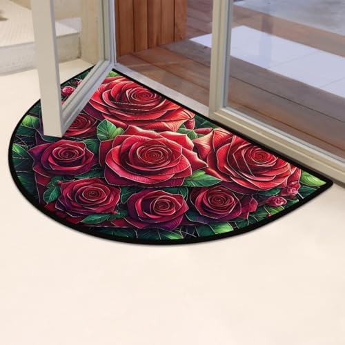 Valentine Rose Flower Half Round Door Mat Non Slip Washable Semi Circle Area Rug Absorbent Soft Half Moon Rug Floor Mat for Indoor Outdoor Kitchen Bathroom Patio Front Door Mat Decor