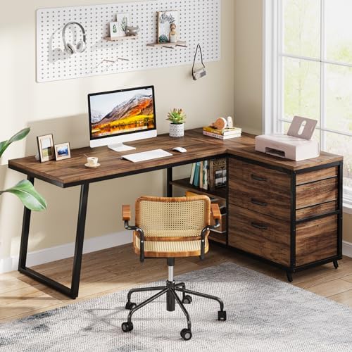 Tribesigns L-Shaped Computer Desk with 3 Drawers, Reversible Corner Home Office Desk with Shelves, 53-Inch Industrial PC Desk Study Writing Table Workstation for Small Space, Rustic Brown