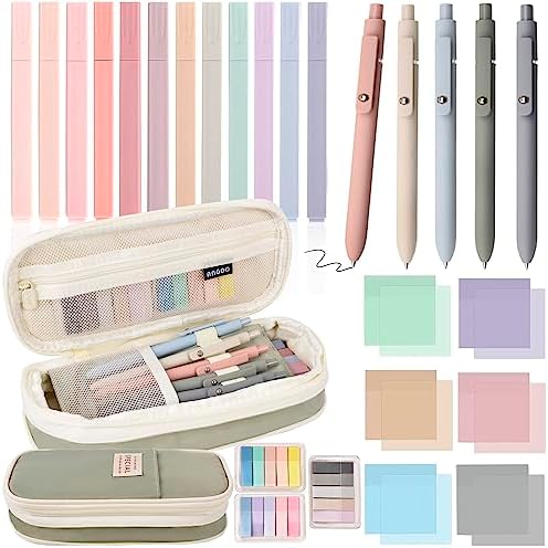 27 Pcs Aesthetic School Supplies Include 12 Pcs Aesthetic Highlighters Bible 1 Ppcs Big apacity Pen Case Bag 5 Pcs Retractable Quick Dry Gel Ink Pens 9 Pads Clear Sticky Tabs for School Office Home
