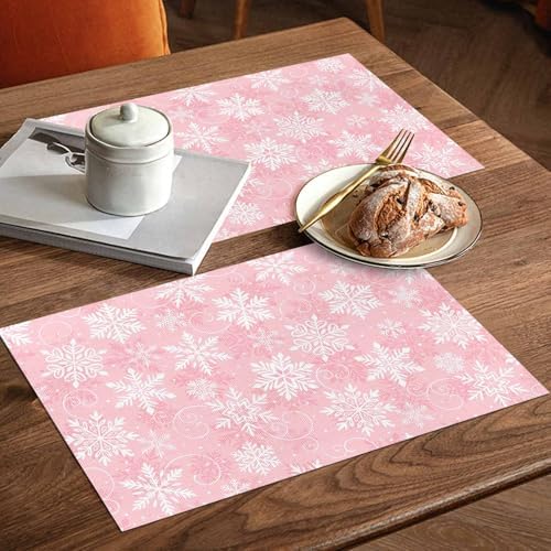 Christmas Placemat 1PC, Pink White Snowflakes Pattern Heat Resistant Washable Table Place Mats Winter Cotton Table Linens Party Holiday Decor for Kitchen Dining Outdoor Indoor