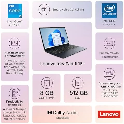 Lenovo IdeaPad 1 Touchscreen Laptop, 15.6" FHD(1920 * 1080), Intel Core i5-1335U, 24GB RAM, 1TB SSD, HDMI, SD Card Reader, Webcam, Wi-Fi 6, Win 11 Home, Abyss Blue, Bundle with ML101 Wireless Mouse