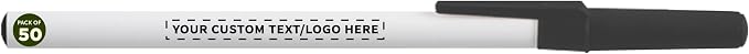 DISCOUNT PROMOS Custom Value Stick Pens Set of 50, Personalized Bulk Pack - Blue Ink, Great for Office, School, Business, Tradeshows, Events - Black Cap