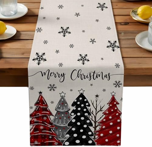 Red Black Christmas Tree Table Runner Dresser Scarf 13 x 108 Inch Polka Dots Xmas Tree Snowflake Linen Table Runners Non-Slip Heat Resistant Kitchen Dining Table Decor for Home Holidays Indoor Outdoor