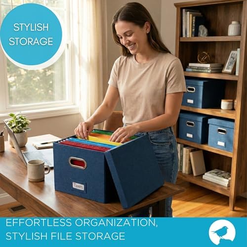 Internet's Best Collapsible File Storage Organizer - Decorative Linen Filing & Storage Office Box - Letter/Legal - Navy - 1 Pack