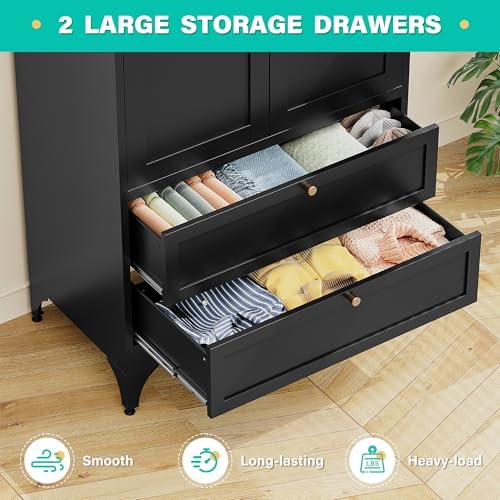 SISESOL Metal Wardrobe Cabinet with Drawer,Armoire Wardrobe Closet with Doors,Black Metal Clothing Storage Cabinet with Adjustable Shelves and Hanging Rod for Bedroom,Laundry,Home