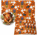 Vandarllin Happy Halloween Boo Placemats Set of 6, Cartoon Pumpkin Spooky Black Cats Ghosts Cotton Linen Stain Resistant Table Mats Washable Placemat Decoration for Kitchen Dining Table,Orange