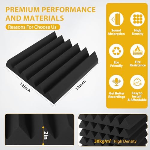 36 Pack Acoustic Foam Panels 2" x 12" x 12" Sound Proof Foam Panles Saiqiang Soundproofing Noise Absorbing Wedge Black Panels for Wall Studio Foams with Double-Side Adhesive