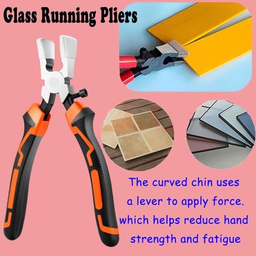 Glass Cutting Tool Kit with 8" Running Pliers with Curved Jaws, 6" Breaker Pliers, Glass Cutter 2-20mm, Replacement Blades, Screwdriver, Storage Bag for Stained Glass, Tiles, Mosaic