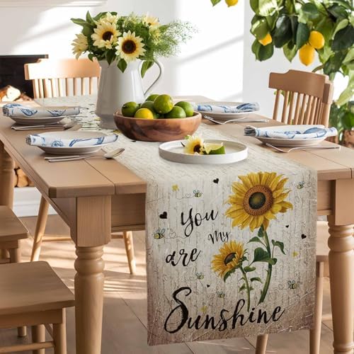 You are My Sunshine Table Runner Dresser Scarf 13 x 60 Inch Vintage Sunflowers Newspaper Texture Table Runners Non-Slip Heat Resistant Kitchen Dining Table Decor for Home Holidays Indoor Outdoor