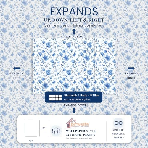 PINWELIFE® Acoustic Art Tiles – 8-Pack 12"x16" Sound Absorbing Panels, Seamless Wallpaper-Style Decorative Acoustic Wall Art, Echo Reduction for Home Studio/Office, Nano Tape Included