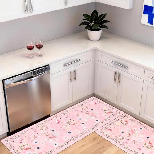 Pink Kitchen Mats for Floor Floral Cushioned Anti Fatigue Mats for Kitchen Floor for Sink, Stove, Desk, Laundry,17"x30"+17"x47", Baby Pink