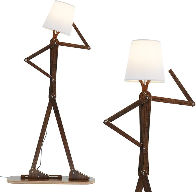 Unique Tall Reading Wood Floor Lamp, LED Bulb Included, Teak | Cool Decorative Corner, Rustic Swing Arm Standing Lighting for Kids Bedroom, Living Room, Dorm, Office, Farmhouse