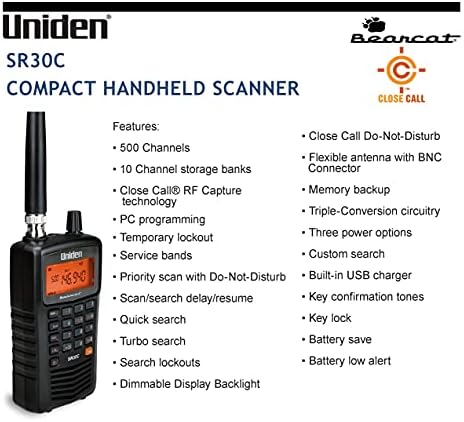 Uniden Bearcat SR30C, 500-Channel Compact Handheld Scanner, Close Call RF Capture, Turbo Search, PC programable, NASCAR, Racing, Aviation, Marine, Railroad.