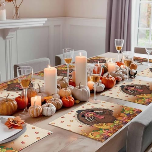Vandarllin Thanksgiving Turkey Placemats Set of 6, Fall Leaf Autumn Harvest Pumpkin Cotton Linen Stain Resistant Table Mats Washable Placemat Decoration for Kitchen Dining Table,Yellow