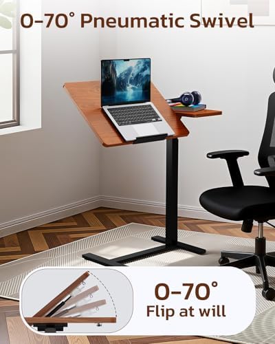 Simple Deluxe Standing Rolling Desk with Hidden Casters, Height Adjustable Pneumatic Mobile Laptop Desk, Tilting Bedside Table for Laptop, Overbed Bedside Table Hospital Home Use, Brown