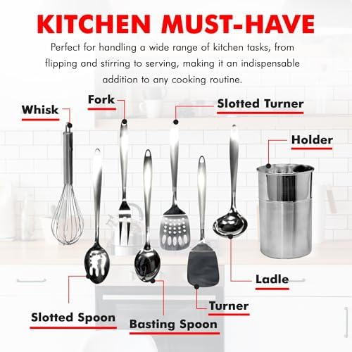 Chef Craft - 8 Piece Stainless Steel Kitchen Utensils Set with Utensil Holder