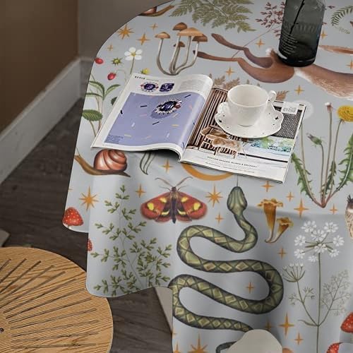 Woodland Animal Tablecloth, Grey Country Forest Hare Squirrel Owl Snake Snail Flowers Mushroom Print Table Cover for Picnic Party Holiday Home Kitchen Dining Table Decor, 50x50in