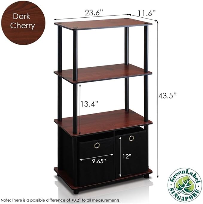 Furinno GO GREEN Storage Shelf Set of 2, 4-Tier Storage Rack with Bins, Book Shelf, Display Rack, with Storage Bins, for Organization and Storage, Living Room, Home Office, Dark Cherry